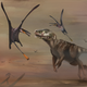 Impression of two Dearc sgiathanach flying around a dinosaur.